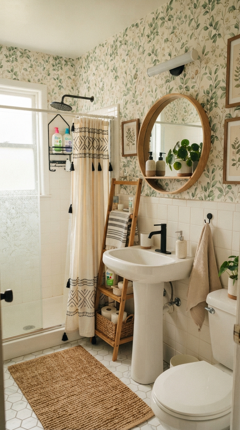 Rental-friendly aesthetic bathroom with peel-and-stick wallpaper