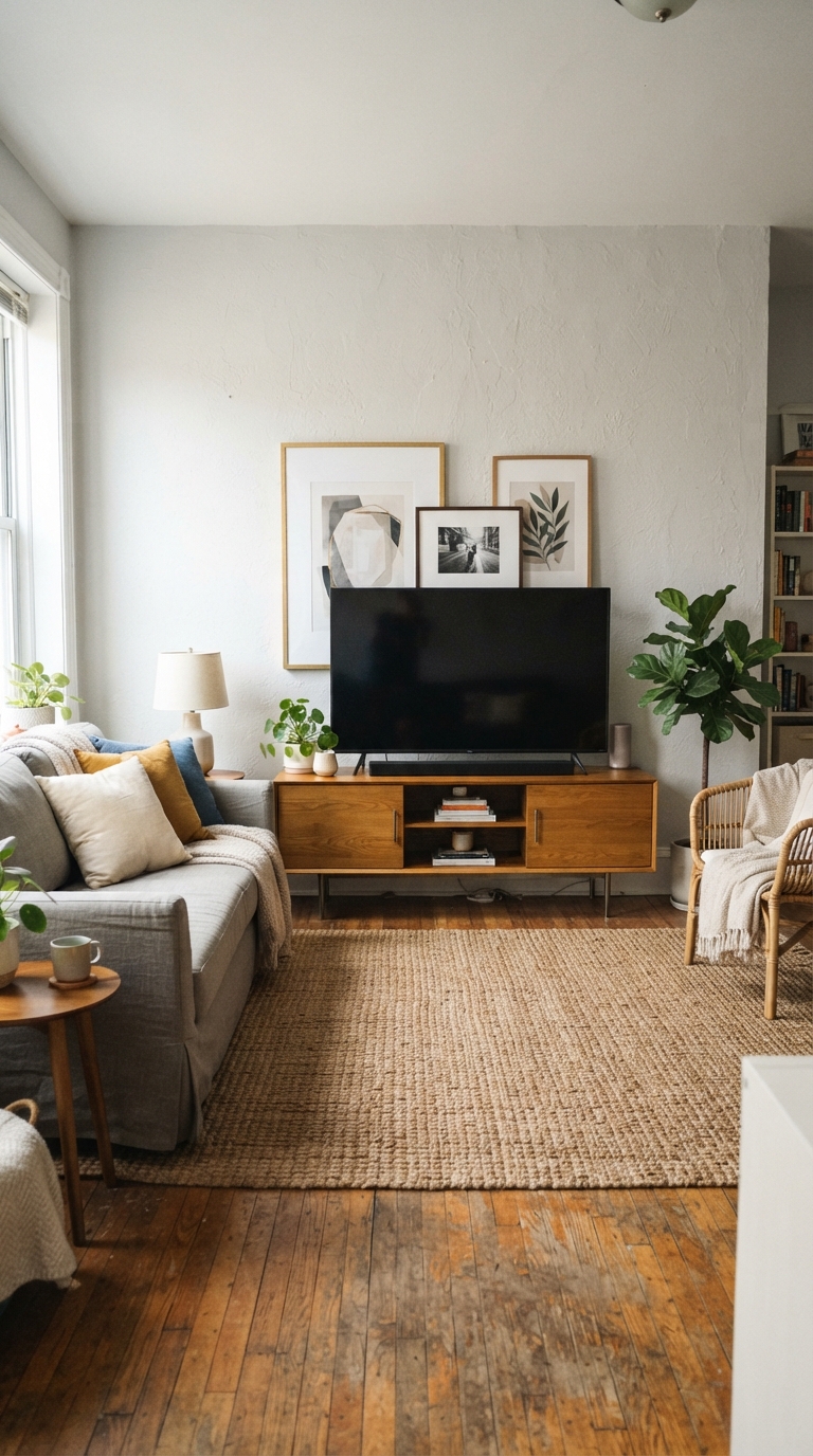 Rental-friendly TV console styling with leaning art and floor plant