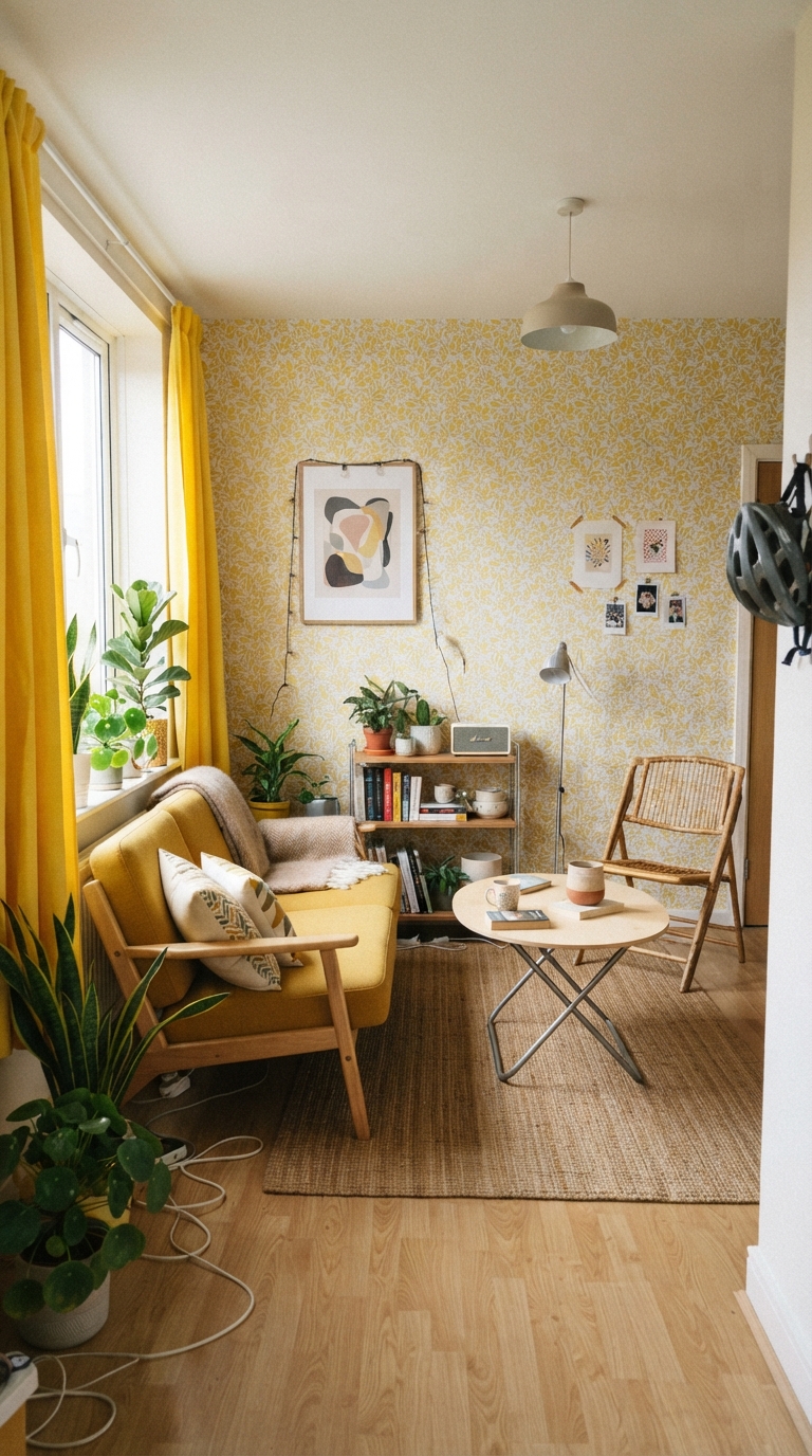 Peel-and-stick yellow wallpaper in a rental living room