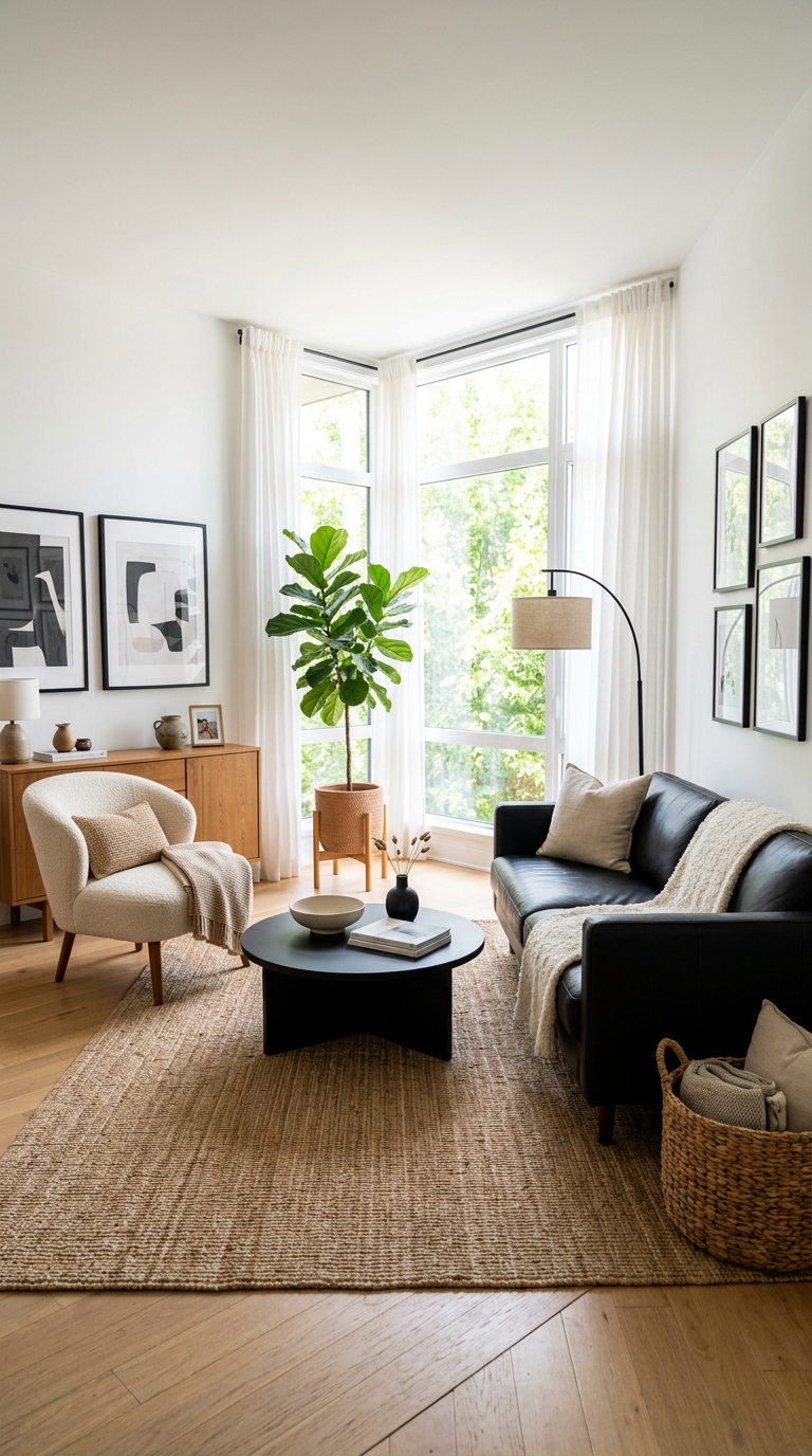 Generate a bright rental-friendly living room with white walls and no painted surfaces. Capture the room from a relaxed eye-level diagonal angle. Style the space using a black leather sofa, matte black coffee table, black-framed artwork, black floor lamp, woven baskets, cream boucle chair, jute rug, warm wood furniture, indoor fiddle leaf fig, and large windows with flowing white curtains. The room should feel modern, cozy, and completely renter-friendly while black furniture creates the visual impact instead of paint. Editorial magazine photography, realistic textures, warm daylight, photorealistic 8K HDR, Pinterest vertical format with clean title area.