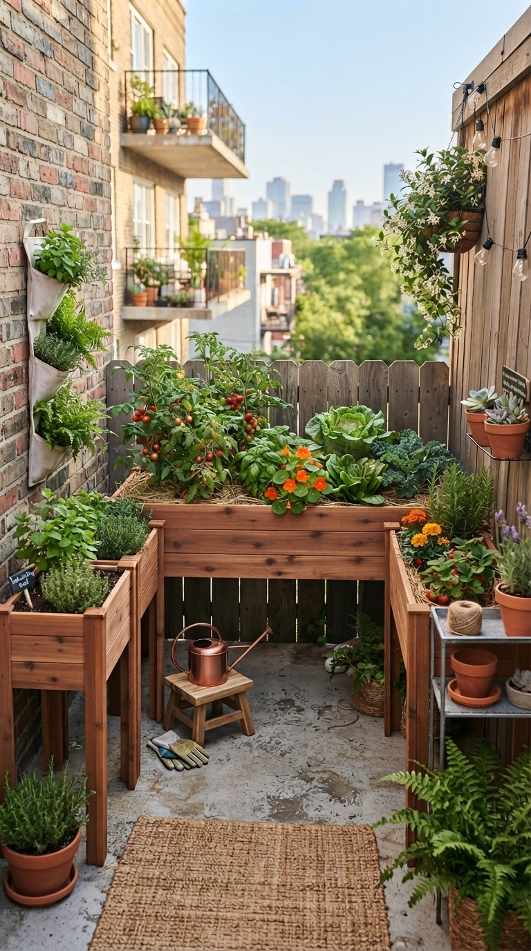Renter-friendly no-dig corner garden with raised planters.