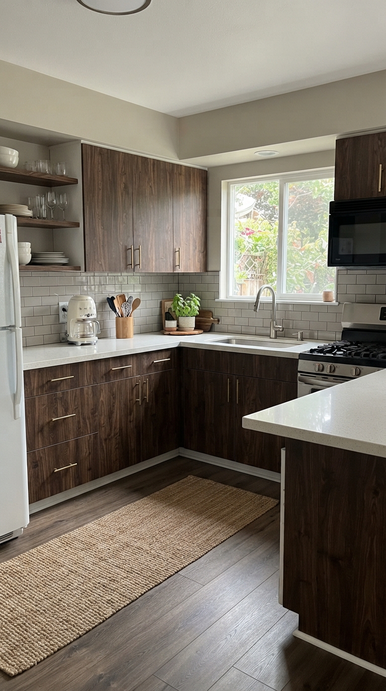 Peel and stick dark wood cabinet film for renter-friendly kitchen update