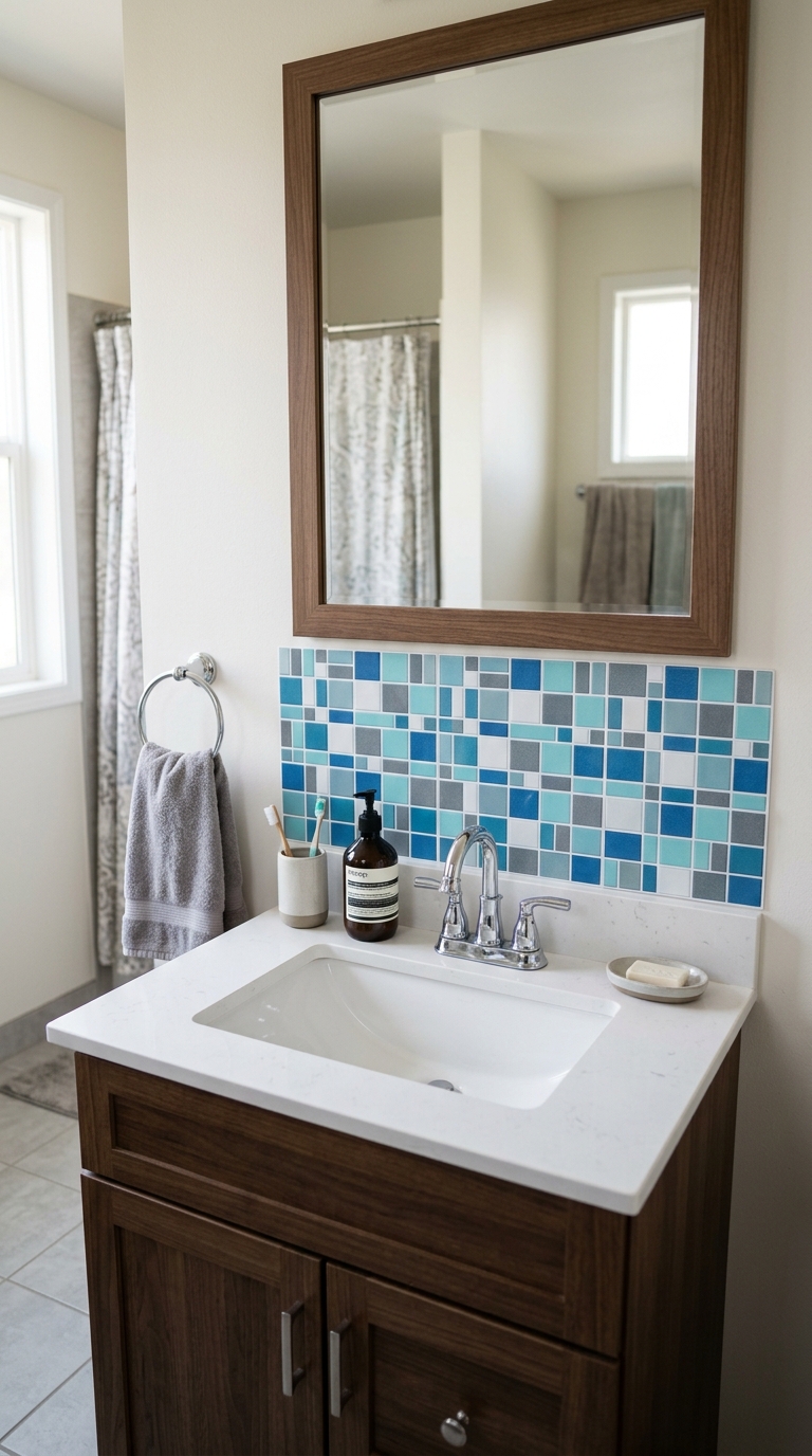 Renter-friendly removable tile wall panel in a rental bathroom
