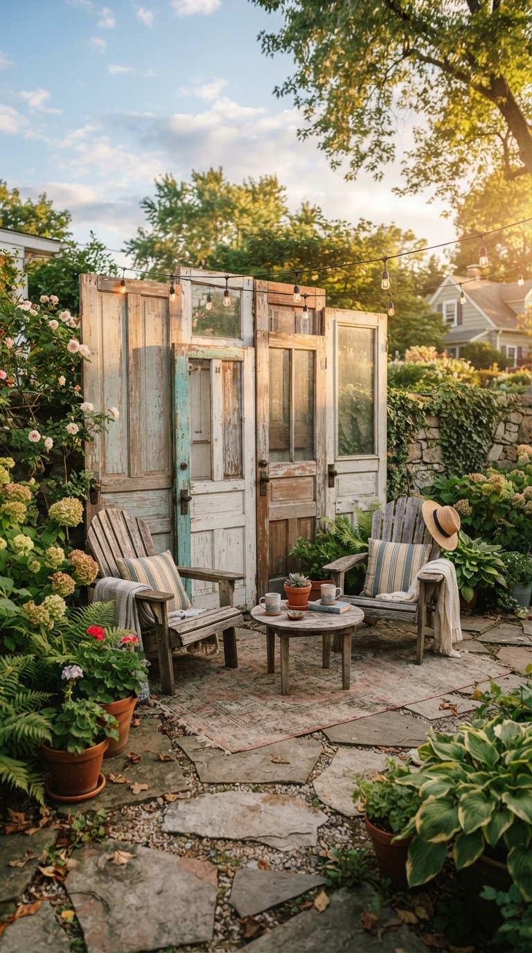 Repurposed wood door panels used as a rustic patio shade wall