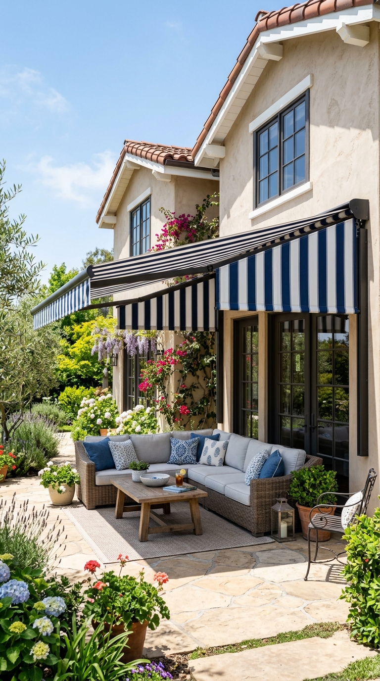 Retractable patio awning with side channels for wind resistance