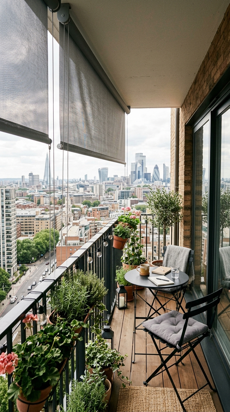 Retractable roller shade on a narrow apartment balcony