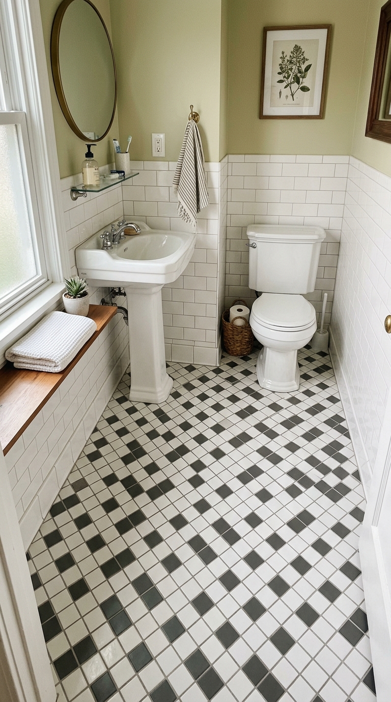Retro diagonal tile pattern floor in a chic small bathroom