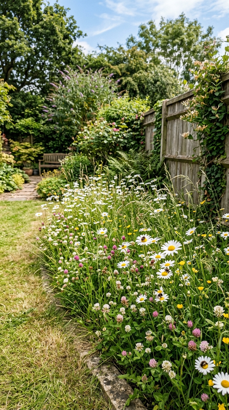 Rewilded wildflower meadow patch in a backyard English garden