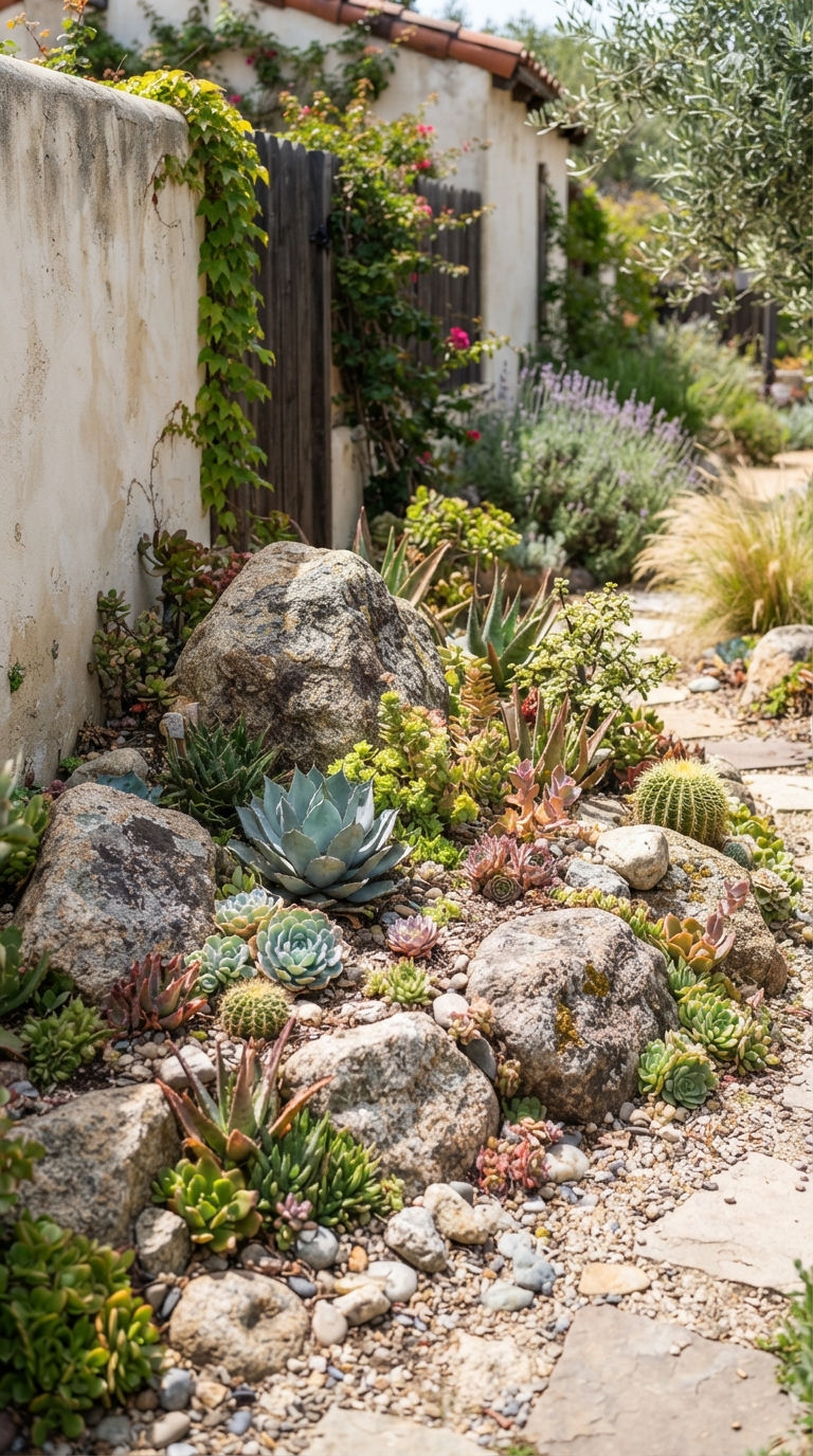 Rock garden corner planted with succulents and boulders.