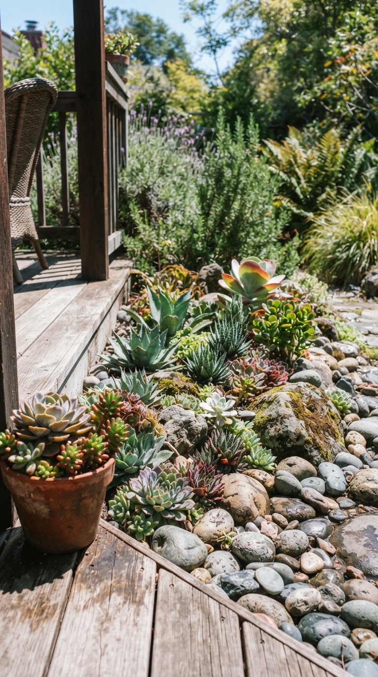 Curved flower bed with perennials beside backyard deck