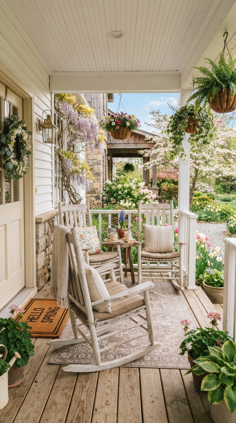 Farmhouse rocking chairs and side table styled for spring on a front porch