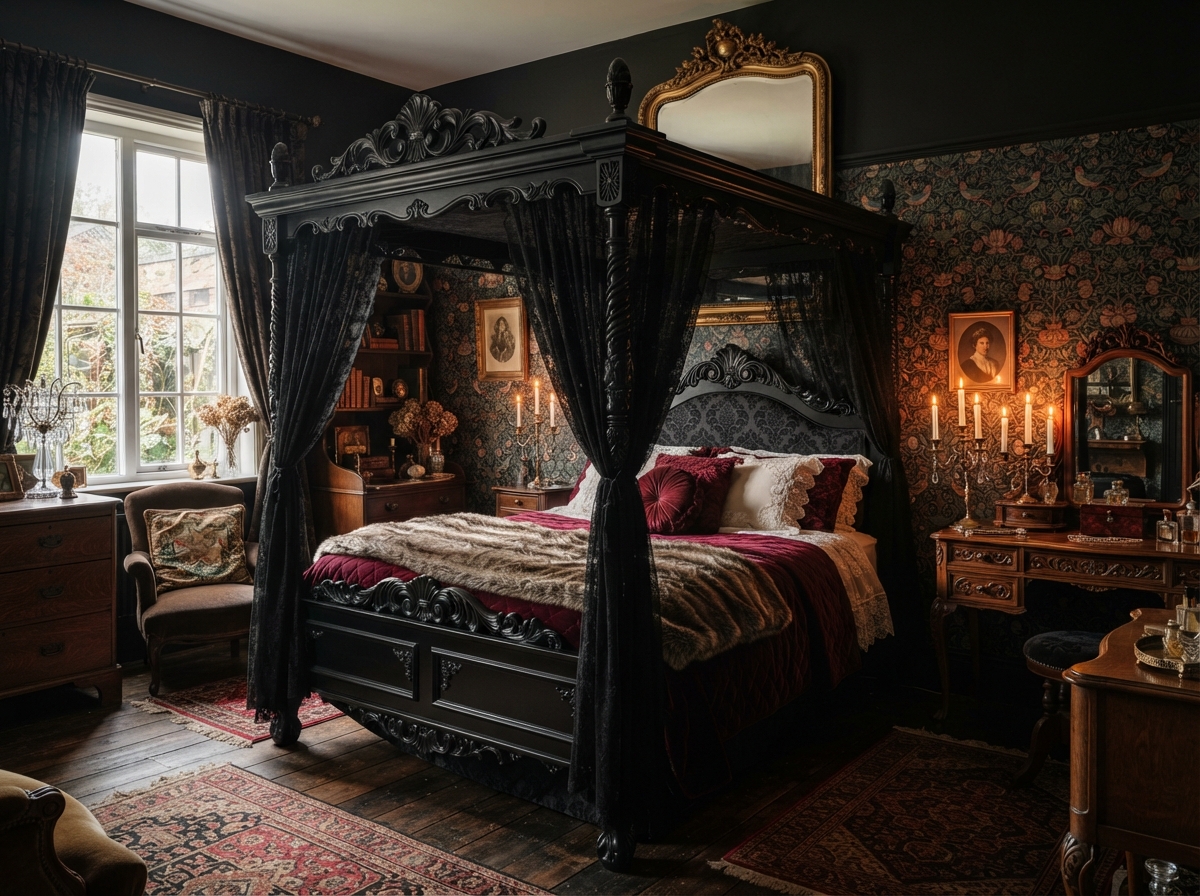 Romantic goth bedroom with a Victorian canopy bed, black and burgundy decor, candlelight, and vintage gothic accents.