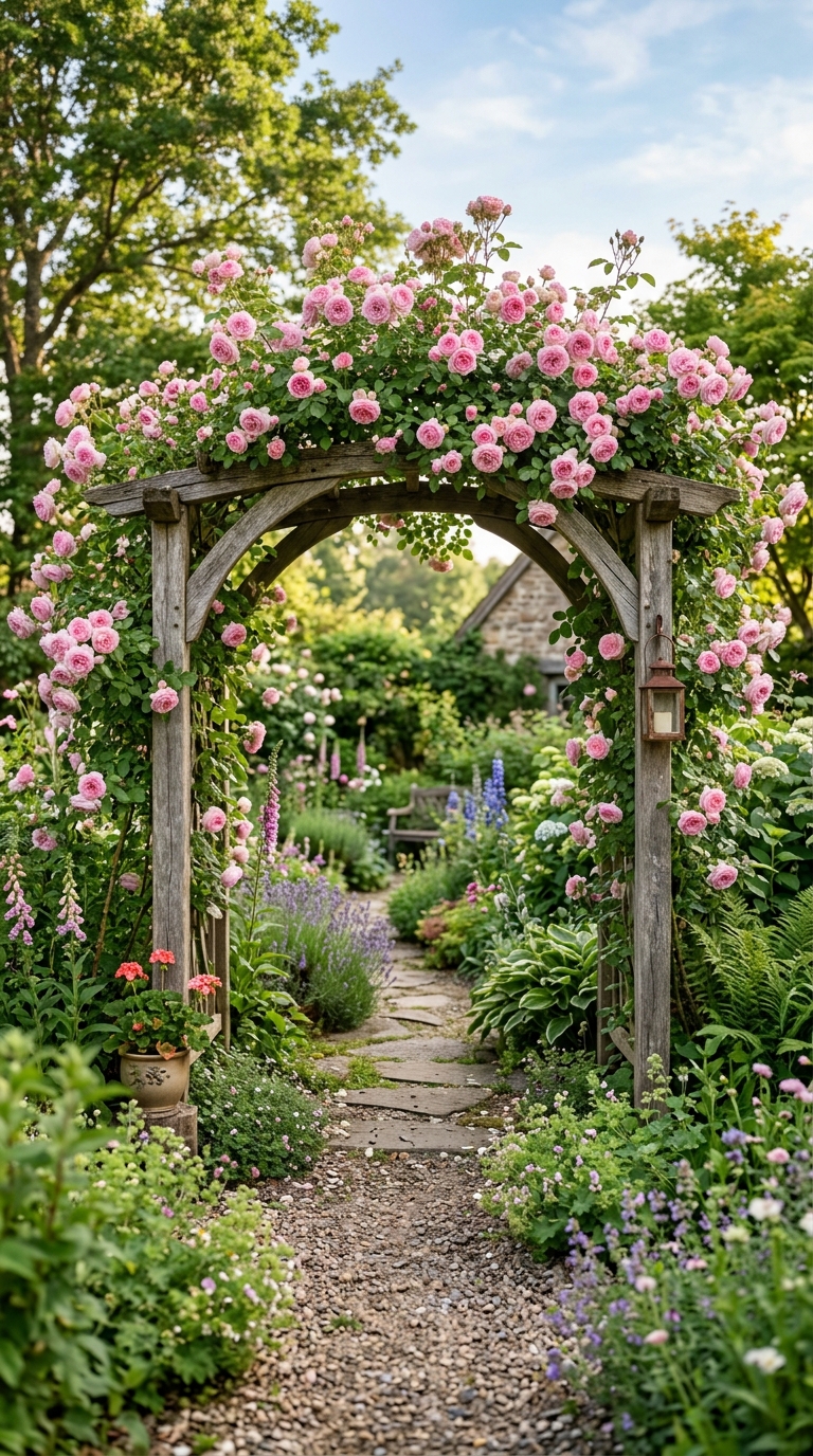 Rose-covered wooden arbor at the entrance of an English garden backyard