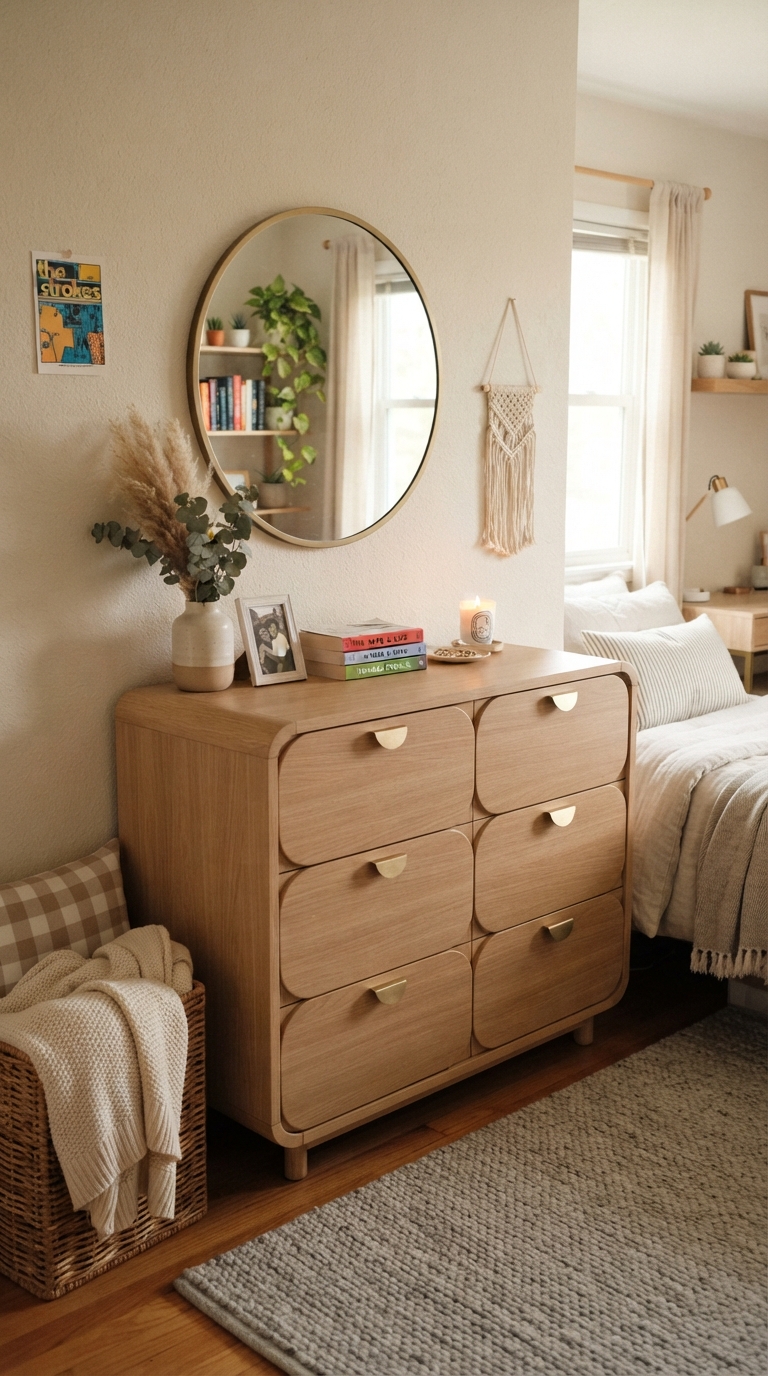 Dresser with rounded drawer facade in a modern teen girl bedroom