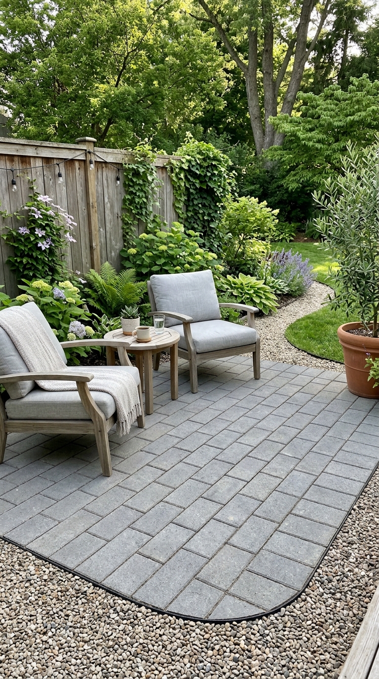 Budget-friendly running bond paver pattern patio with gravel border