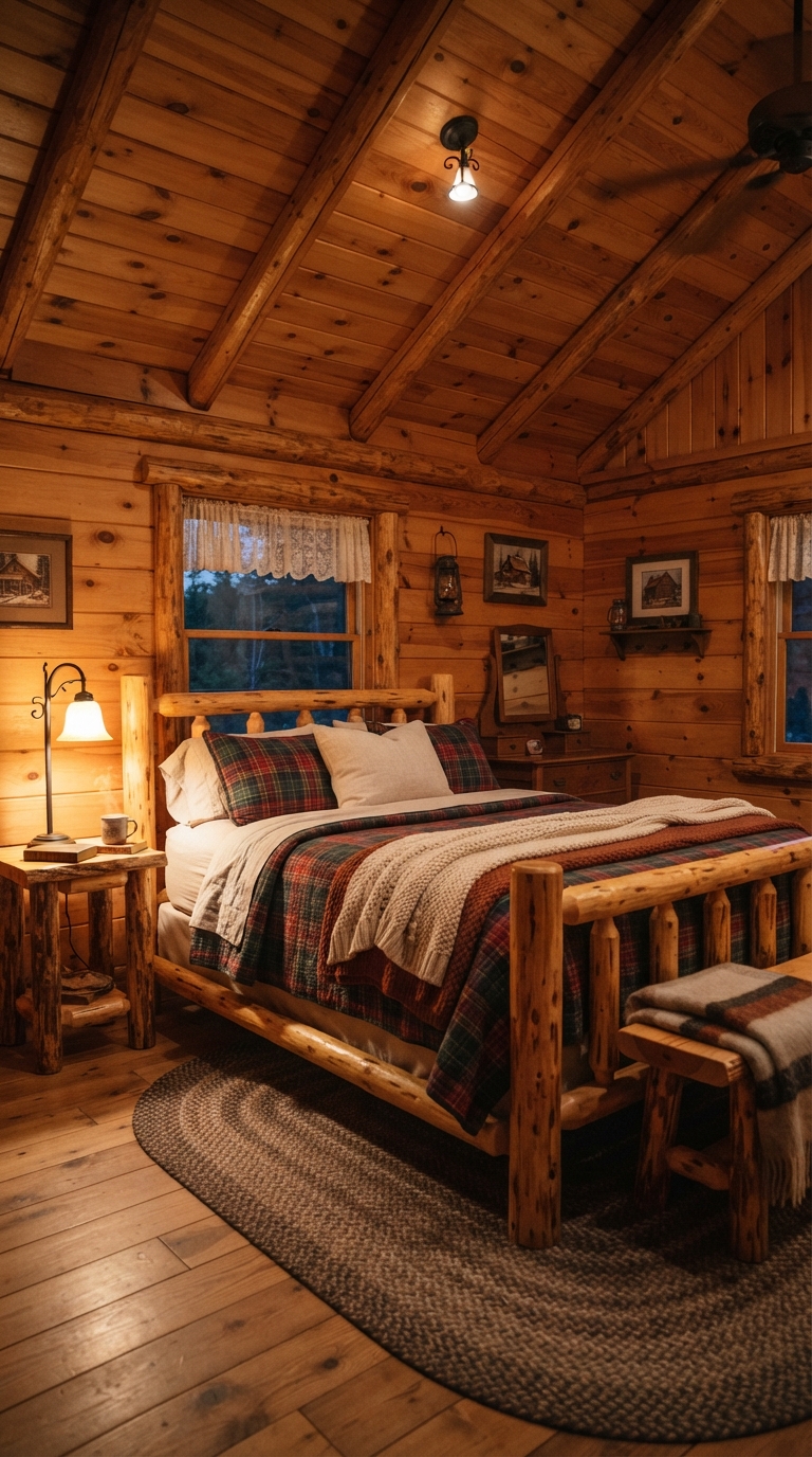Rustic cabin-style knotty pine wood ceiling in a bedroom