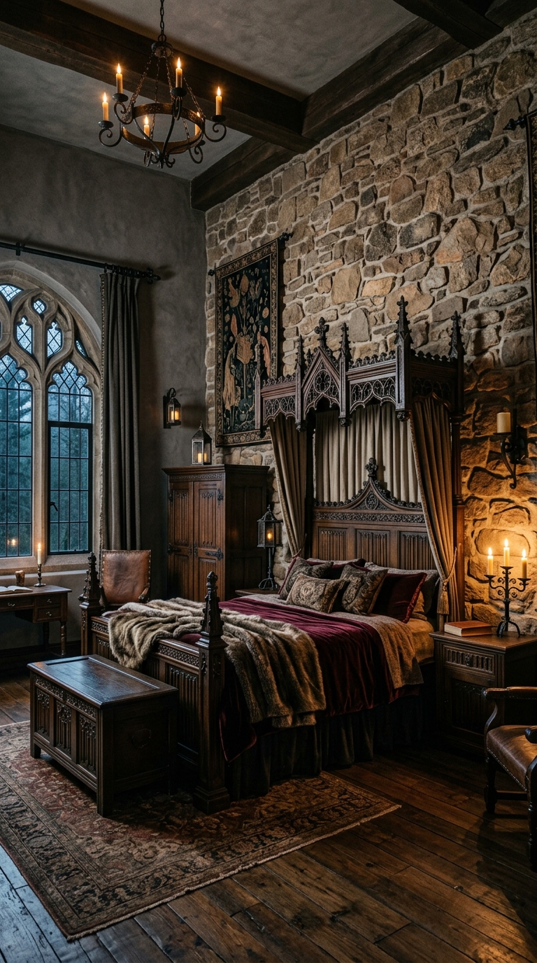 Rustic castle stone wall gothic bedroom idea