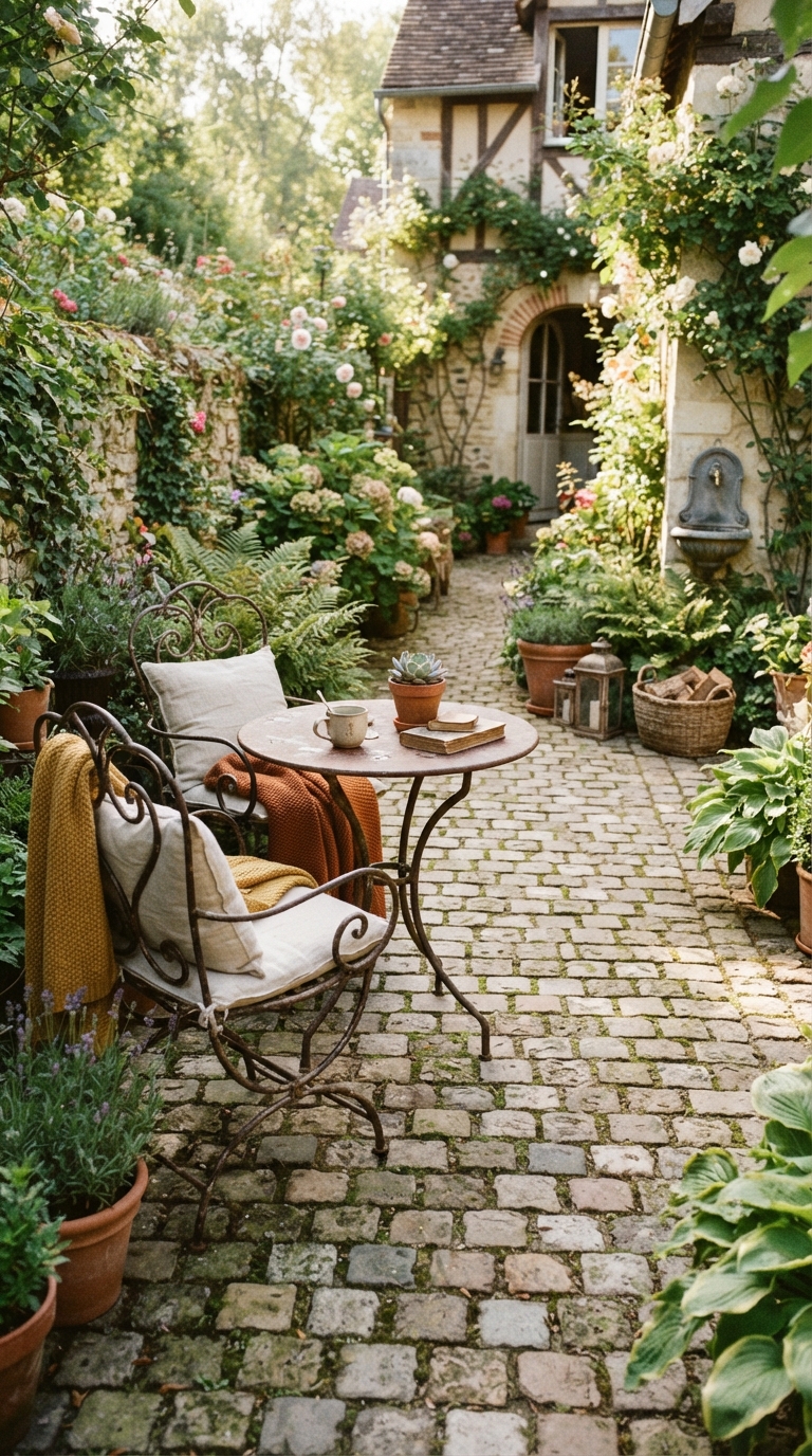 Rustic cobblestone paver patio with vintage outdoor furniture