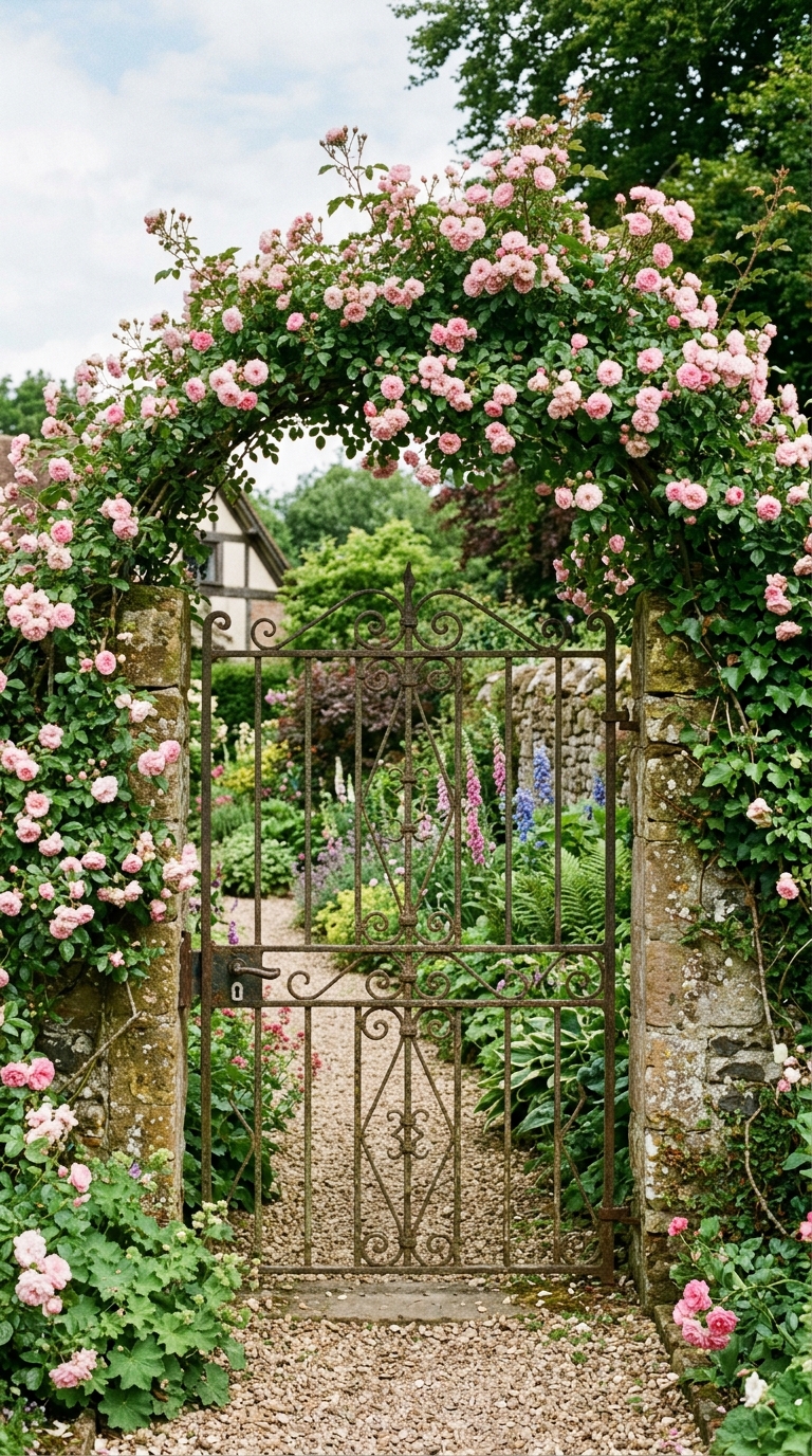 Rustic iron gate entrance in a romantic English garden backyard