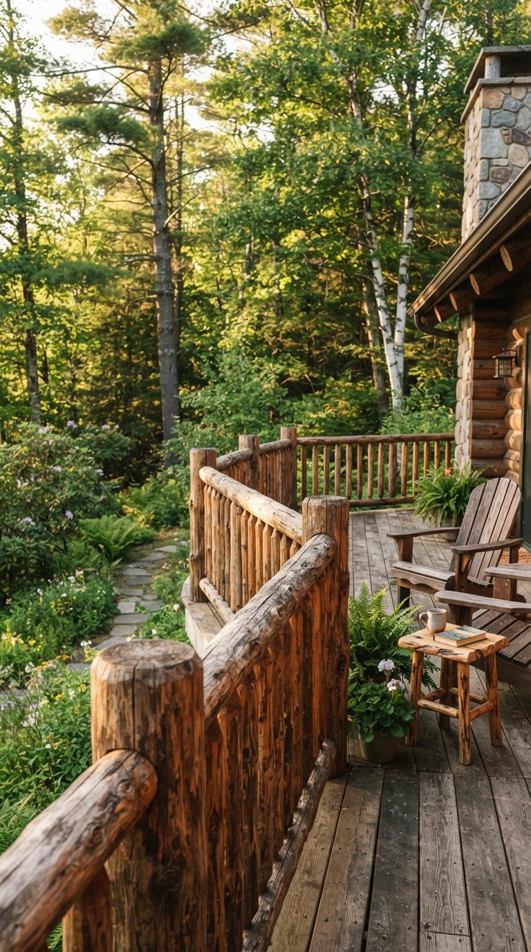 Rustic log and timber deck railing with a natural cabin-inspired look