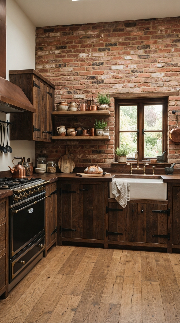 Rustic reclaimed dark wood cabinets with iron hardware in a farmhouse kitchen