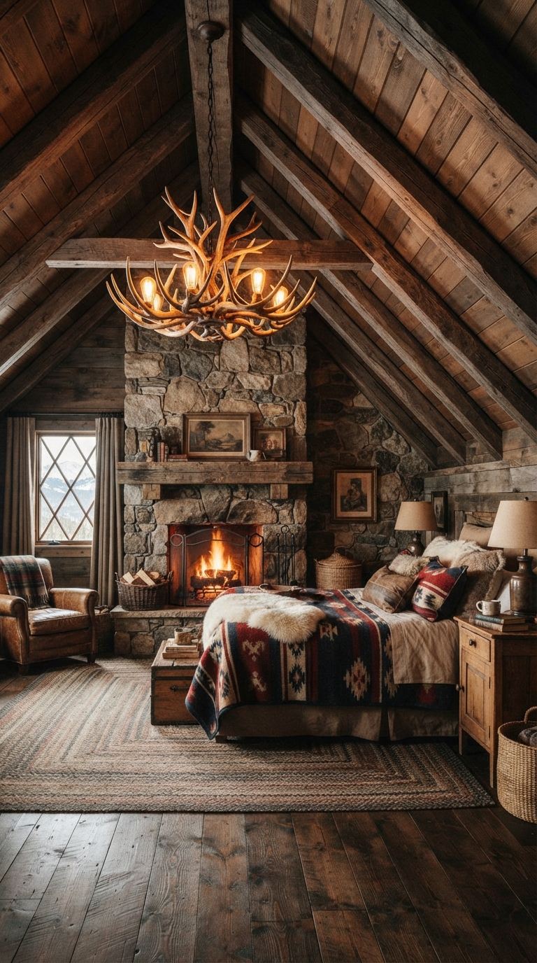 Rustic slanted ceiling bedroom with stone fireplace and antler chandelier