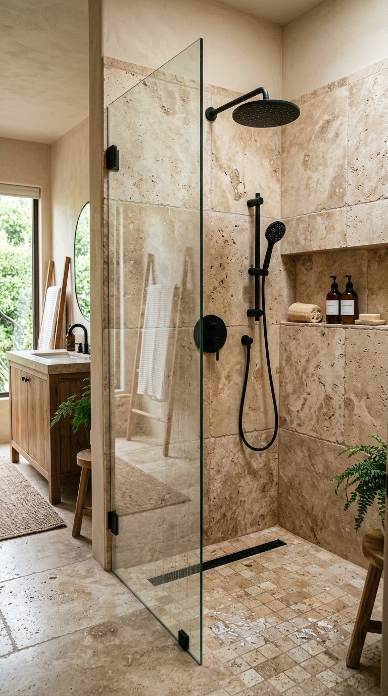 Rustic travertine tile walk-in shower in a chic bathroom