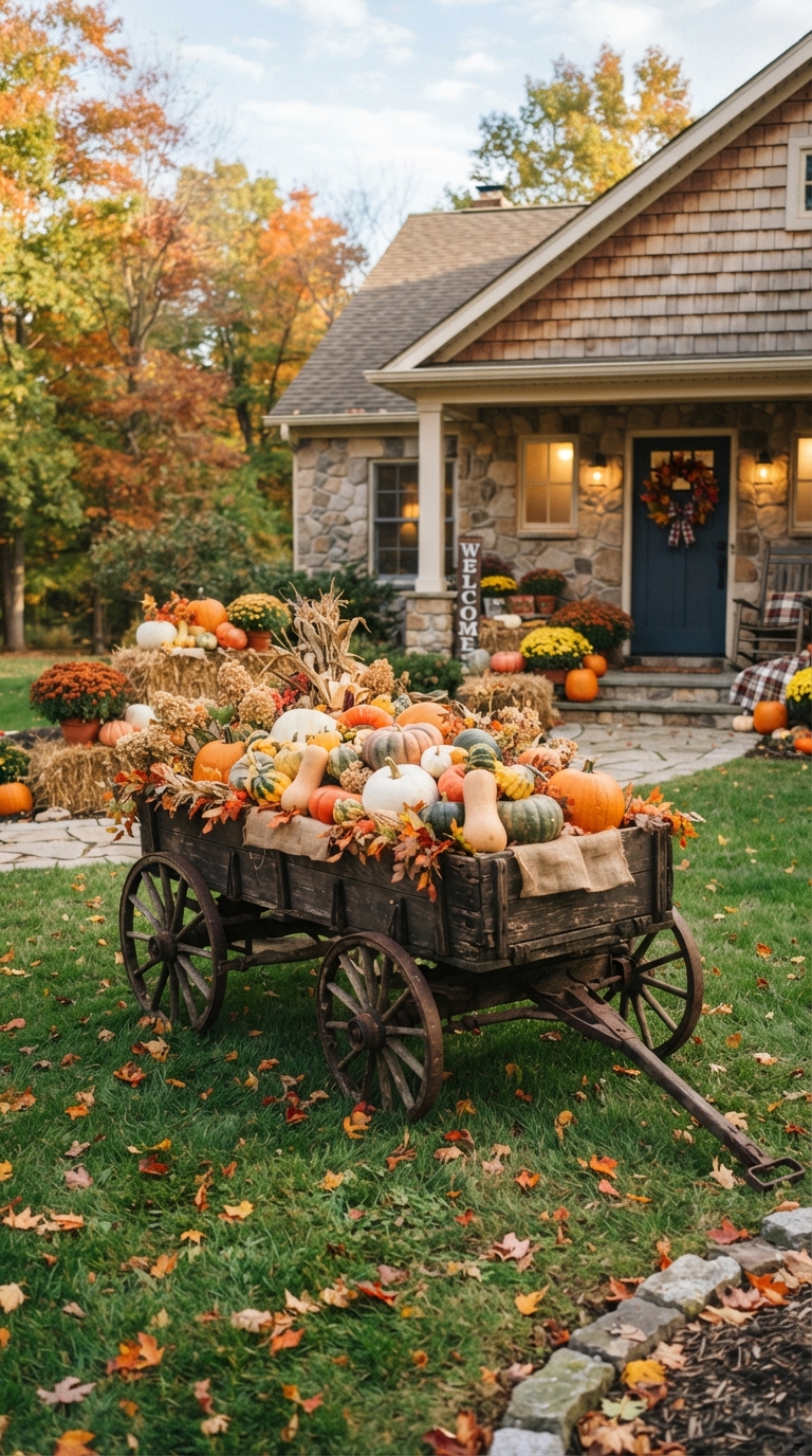 Rustic wagon pumpkin display for fall porch and front yard