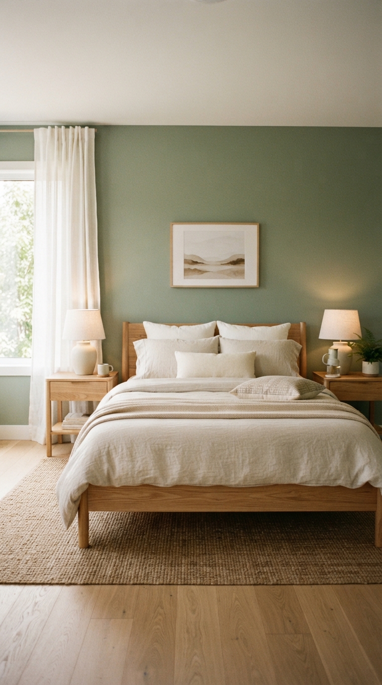 Sage green accent wall paired with oak furniture in a modern luxury bedroom