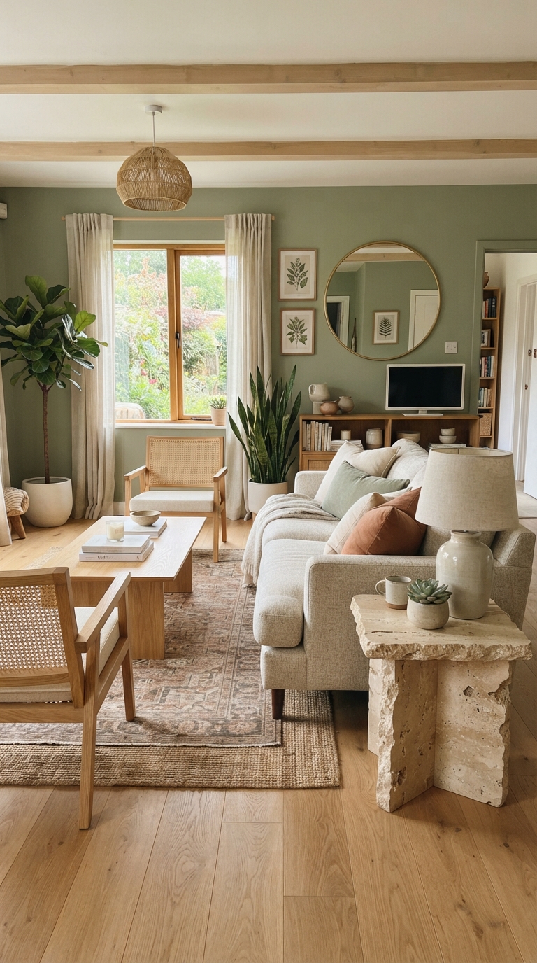 Earthy living room with sage green and natural stone palette