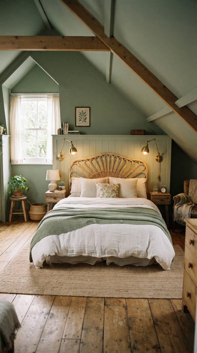 Sage green bedroom with wicker headboard under a slanted ceiling