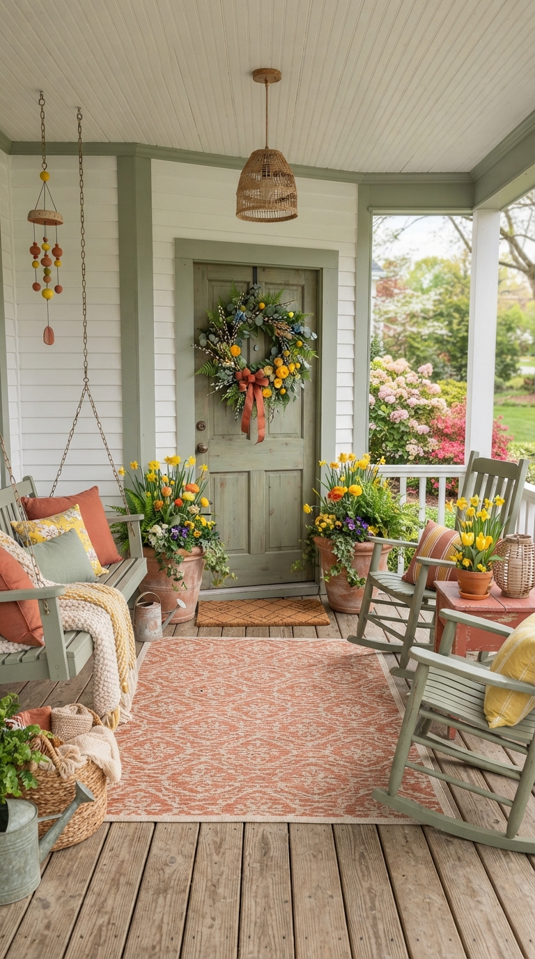 Sage green and terracotta color palette styled on a spring porch