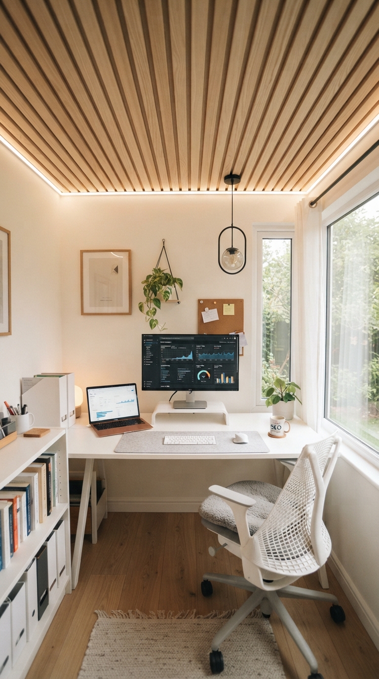 Scandinavian-style ash wood slat ceiling in a home office