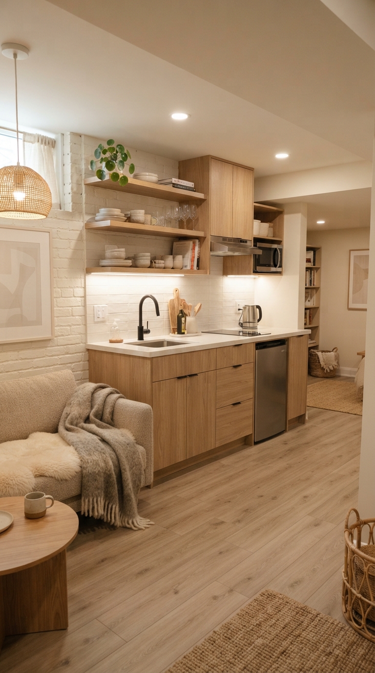 Scandinavian style basement kitchenette with light wood