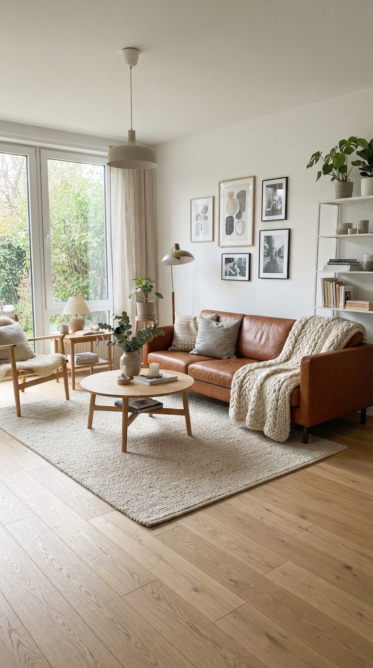 Brown sofa in a Scandinavian living room with wool throw