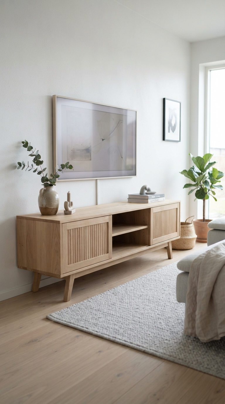 Scandinavian-style TV console with minimal styling and negative space