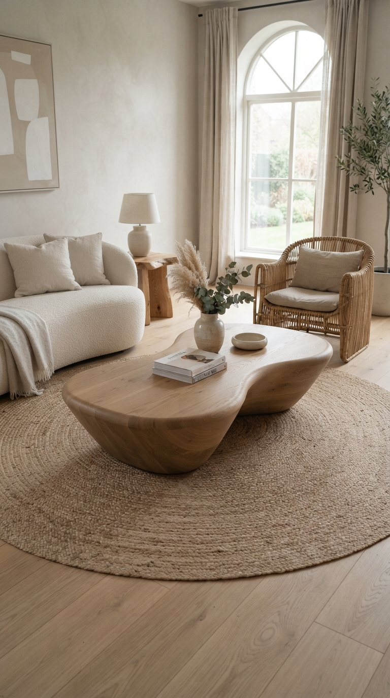 Sculptural coffee table styled on a jute rug in a modern neutral living room