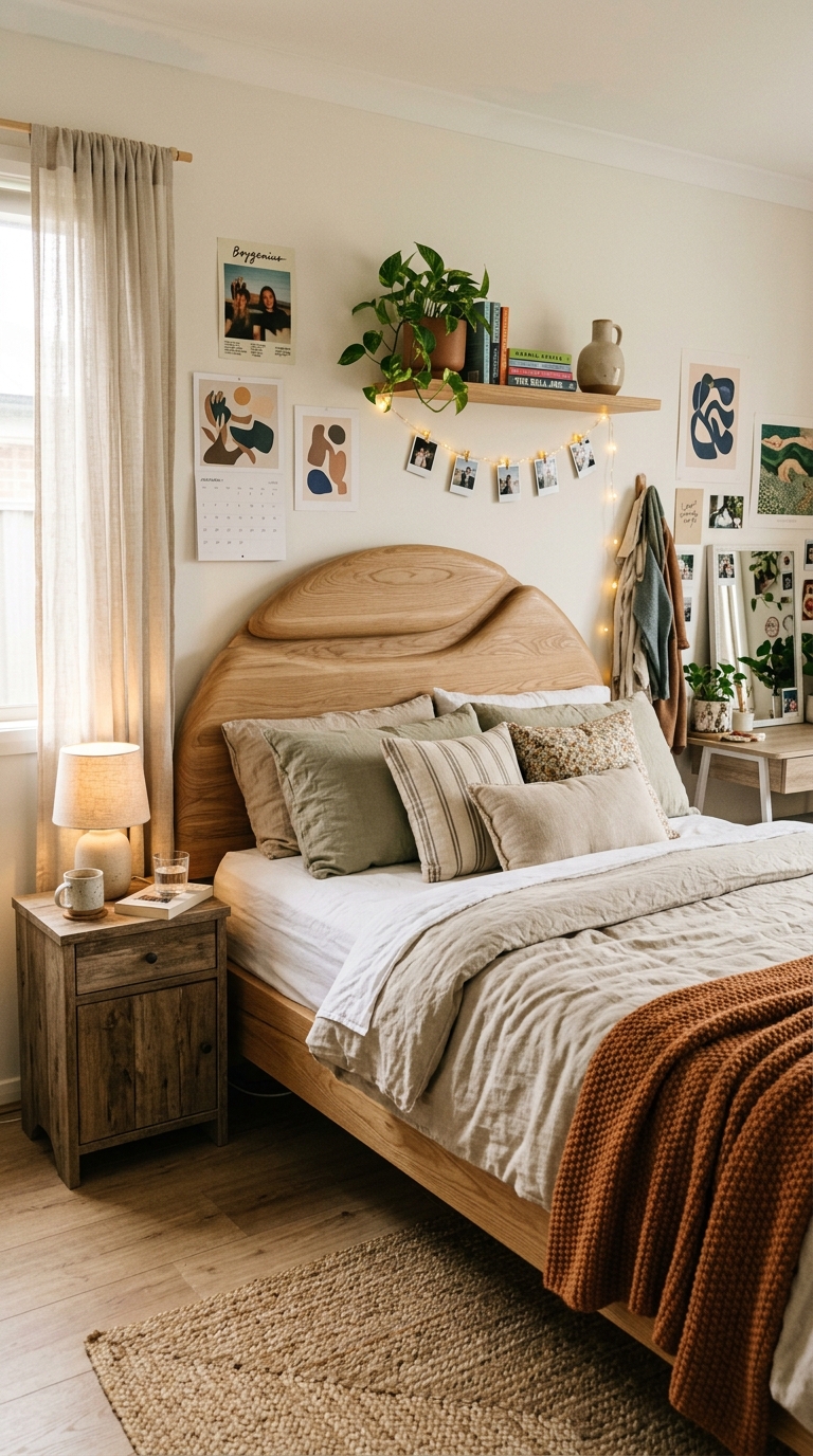 Sculptural curved wooden bed frame in a cozy teen girl bedroom