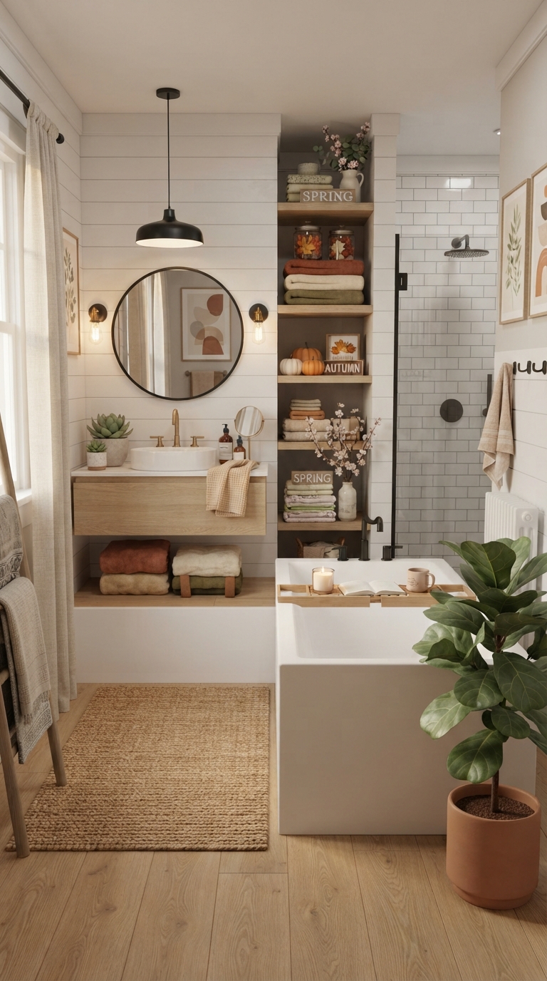 Neutral Bloxburg bathroom refreshed with beautiful seasonal décor accents.