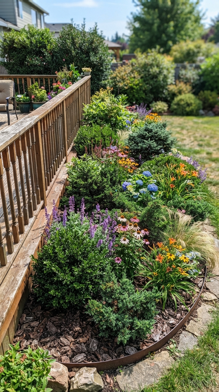 Seasonal color rotation flower bed beside backyard deck