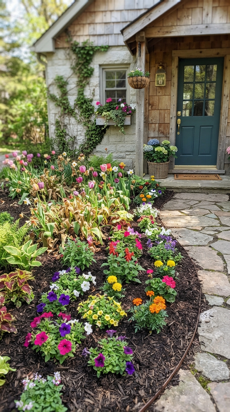 Small seasonal rotation flower bed with tulips and summer annuals