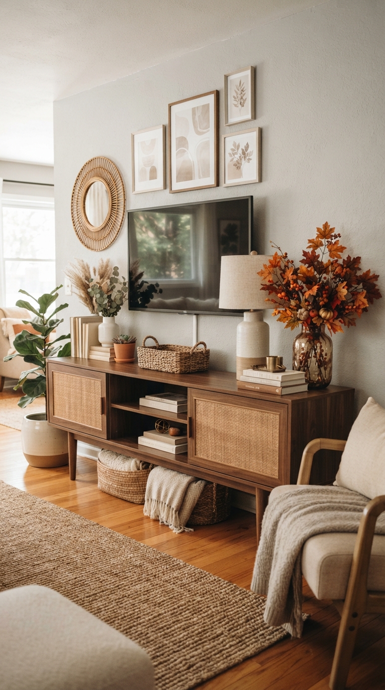 TV console styled with neutral decor and seasonal accent swap
