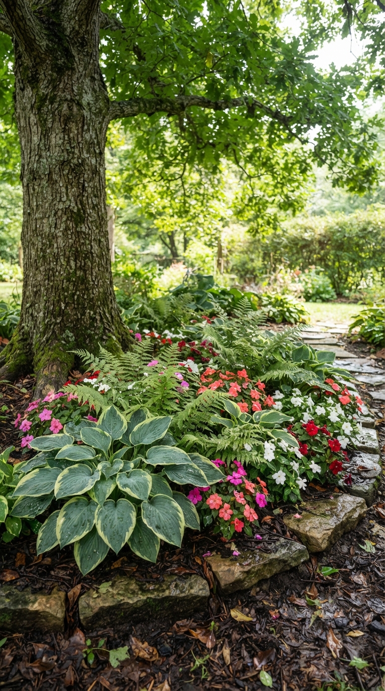 Small shade-loving flower bed with hostas, ferns, and impatiens