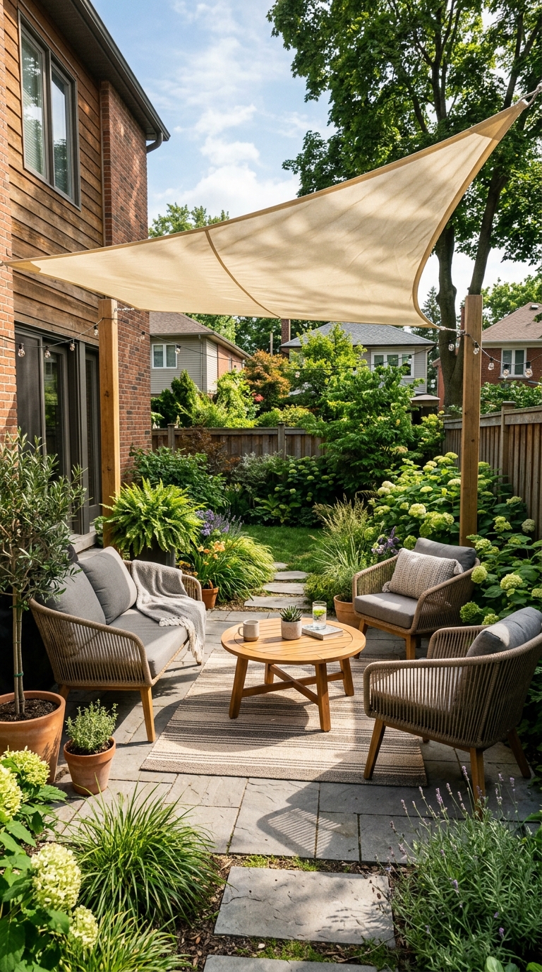 Budget shade sail patio idea for small backyards