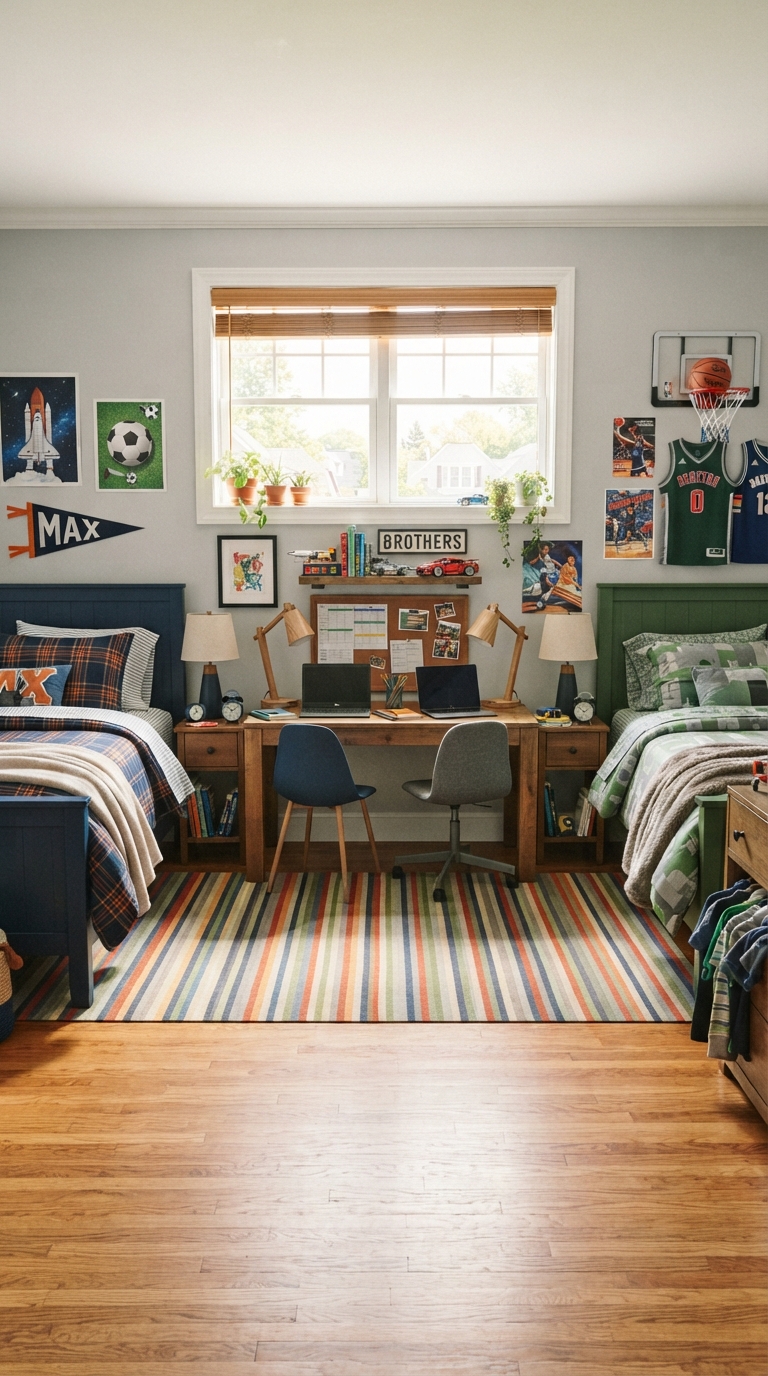 Shared boys bedroom with defined zones for each child