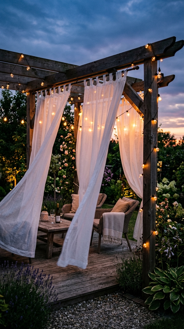 Sheer curtains and string lights creating a romantic glow on a pergola patio