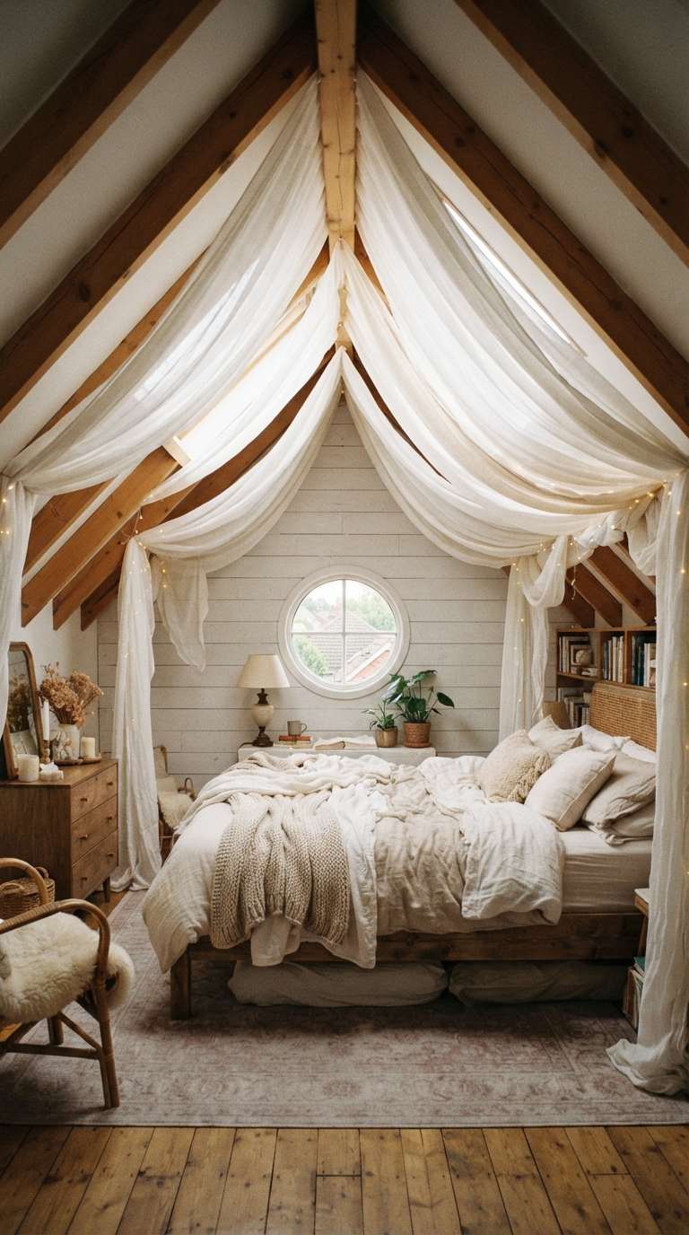 Sheer white fabric canopy draped under a slanted attic ceiling bedroom