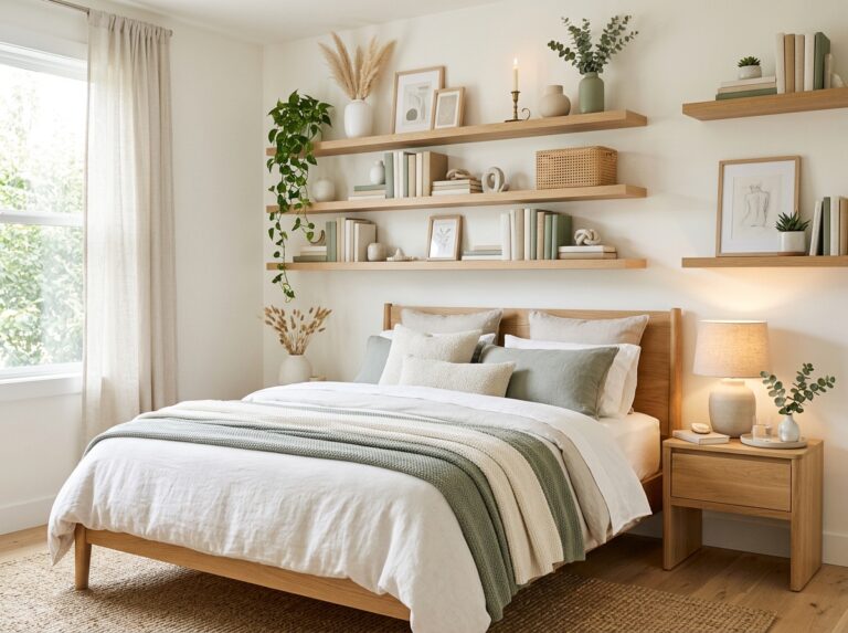 Modern cozy bedroom featuring beautifully styled floating shelves with books, plants, candles, and decorative accents, showcasing stunning shelf decor bedroom ideas for