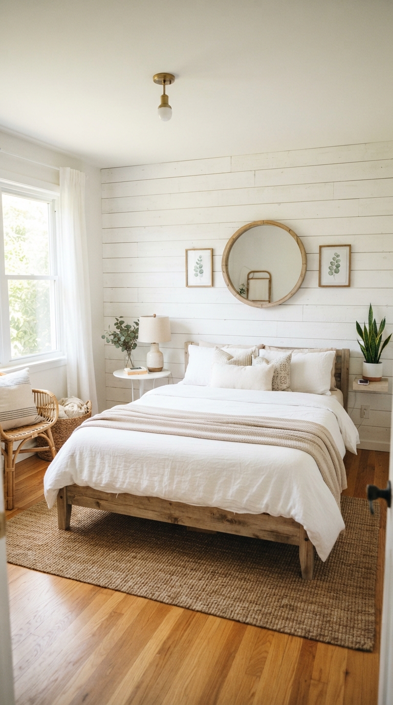 White shiplap accent wall in a small rustic bedroom