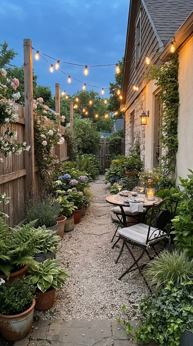 Narrow side yard patio with dining table and string lights
